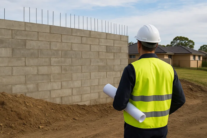 A person in a high-visibility vest and hard hat, seen from behind, holding rolled plans and facing a tall block retaining wall with reinforcing bars standing above its top — retaining walls, Newcastle. Illustrative example.