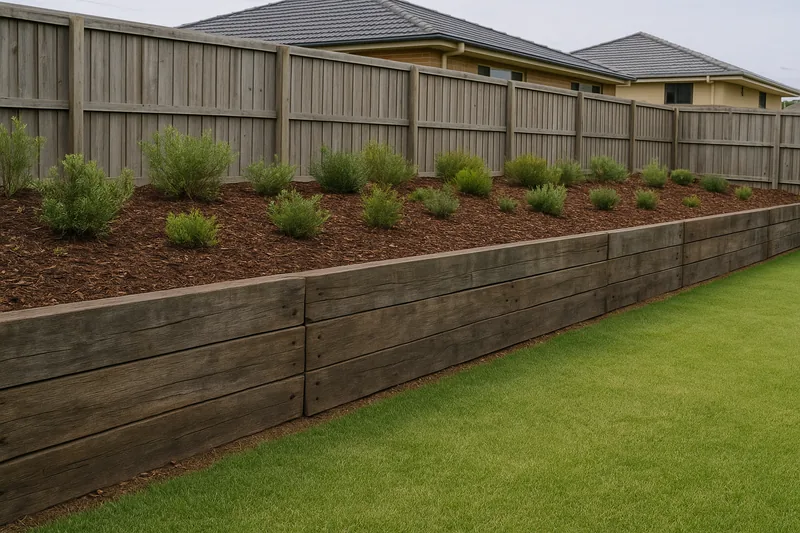 A finished timber sleeper retaining wall of weathered hardwood sleepers along the back of a backyard, with a mulched bed of low shrubs above it, lawn in front and a timber paling fence at the top — timber sleeper retaining wall, Newcastle. Illustrative example.