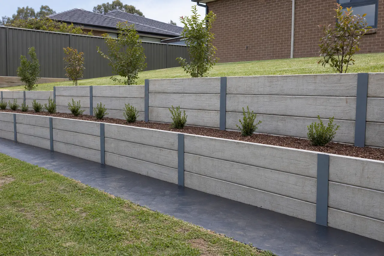 A finished two-tier concrete sleeper retaining wall between grey steel posts, with young shrubs planted above each tier and a paved path and lawn in front of it — concrete sleeper retaining wall, Newcastle. Illustrative example.